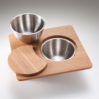 Oliveri Sonetto / Apollo Bamboo Chopping Board With Stainless Steel Bowl & Colander