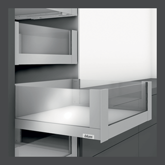 Blum LEGRABOX free 450MM Inner Drawer C Height 177MM in Orion Grey 40KG with HIGH GLASS DESIGN ELEMENT to suit 450MM Wide Drawer with TIP-ON BLUMOTION. For drawer weight of 0-20kg