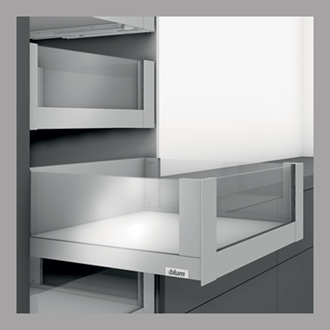 Blum LEGRABOX free 450MM Inner Drawer C Height 177MM in Stainless Steel 70KG with HIGH GLASS DESIGN ELEMENT to suit 450MM Wide Drawer with TIP-ON BLUMOTION. For drawer weight of 15-40kg